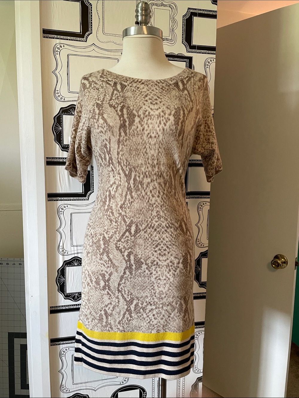 LOFT Beige Snake-Print Mini Dress with Yellow & Navy Striped Hem